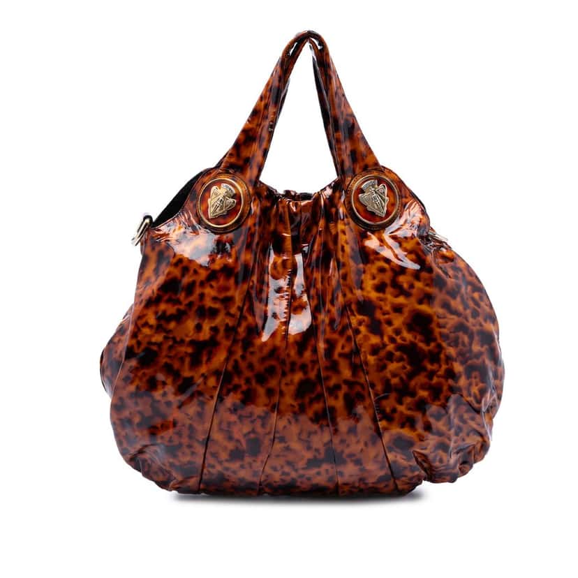 Gucci Large Patent Tortoise Shell Hysteria Satchel Brown Leather Very good condition - Front View