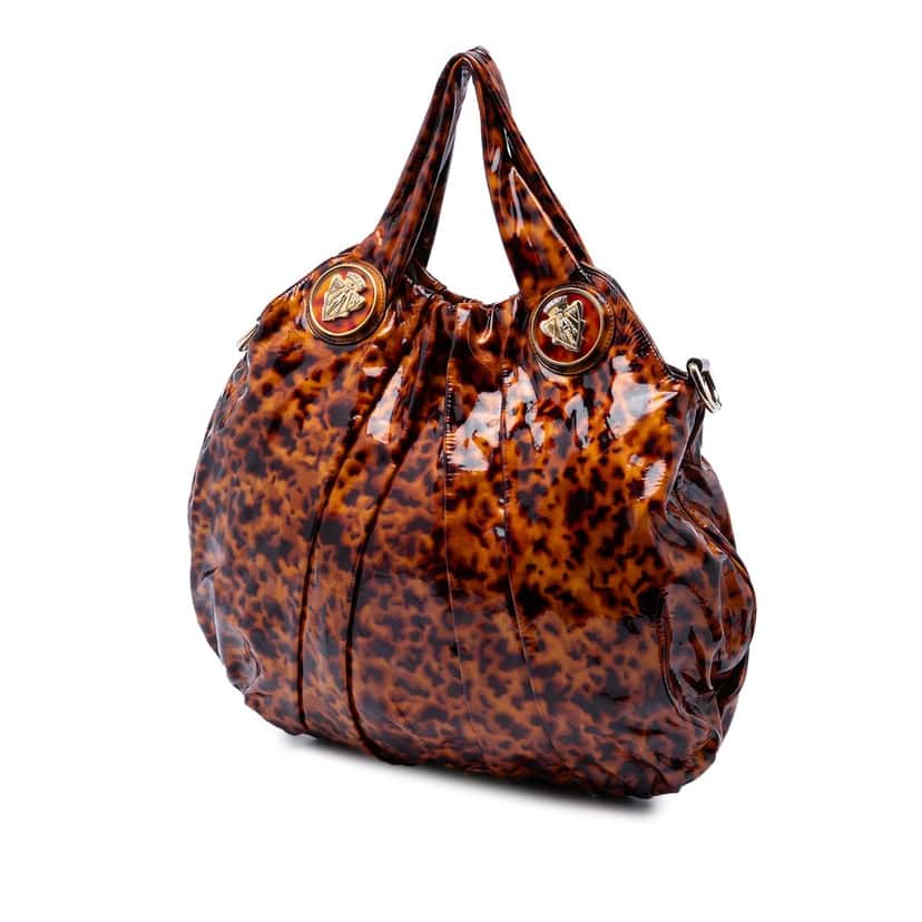 Gucci Large Patent Tortoise Shell Hysteria Satchel Brown Leather Very good condition - Back View