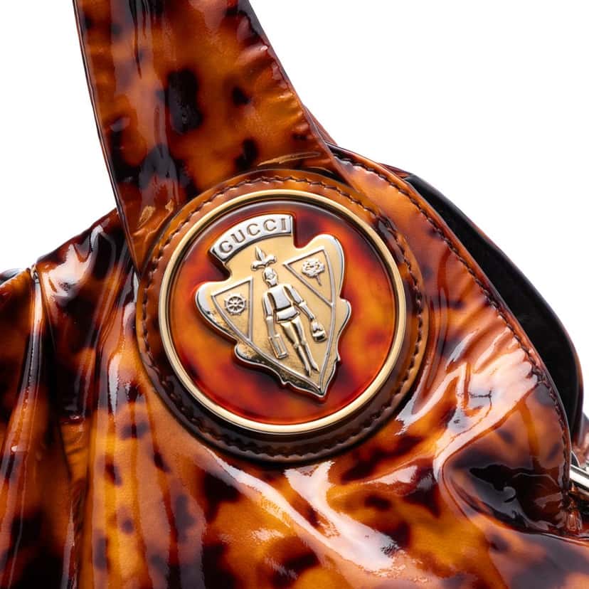 Gucci Large Patent Tortoise Shell Hysteria Satchel Brown Leather Very good condition - Box View