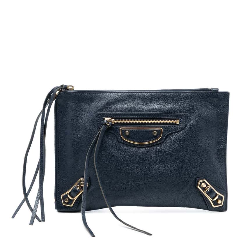 Balenciaga Chevre Motocross Classic Metallic Edge Clutch Blue Leather Very good condition - Front View