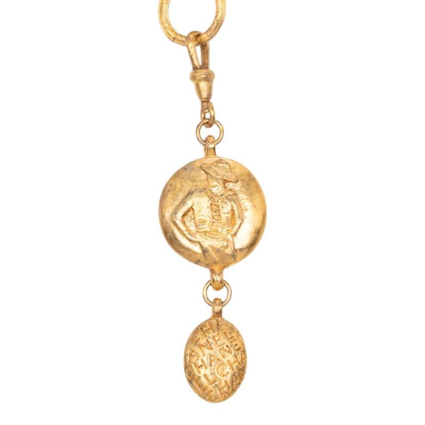 Chanel Gold Plated Double Chain Mademoiselle Medallion Pendant Necklace Gold Metal Very good condition - Back View