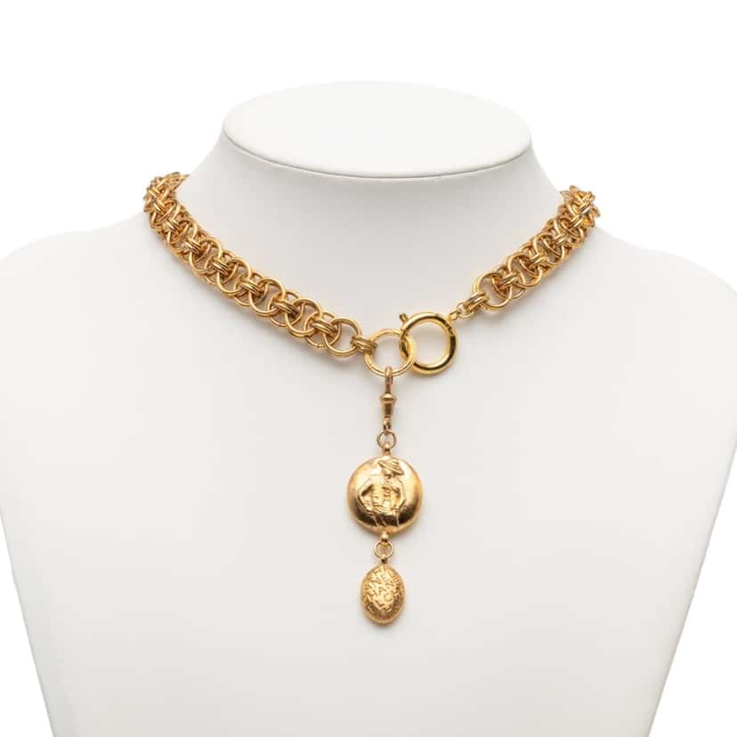 Chanel Gold Plated Double Chain Mademoiselle Medallion Pendant Necklace Gold Metal Very good condition - Box View
