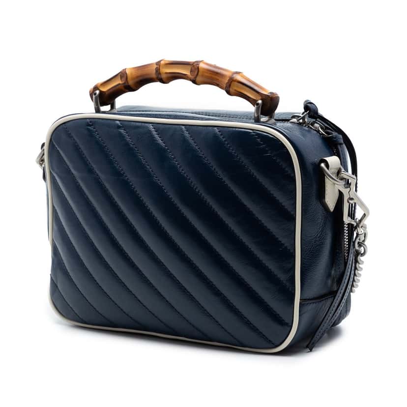 Gucci Small GG Marmont Matelasse Diagonal Leather Torchon Bamboo Satchel Blue Leather Very good condition - Back View
