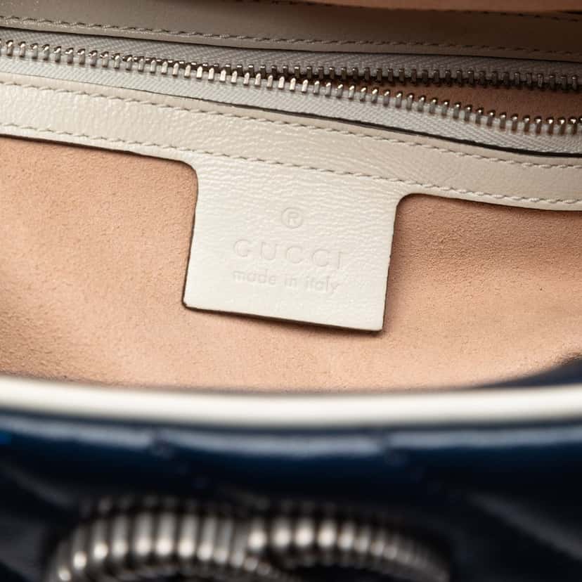 Gucci Small GG Marmont Matelasse Diagonal Leather Torchon Bamboo Satchel Blue Leather Very good condition - Box View