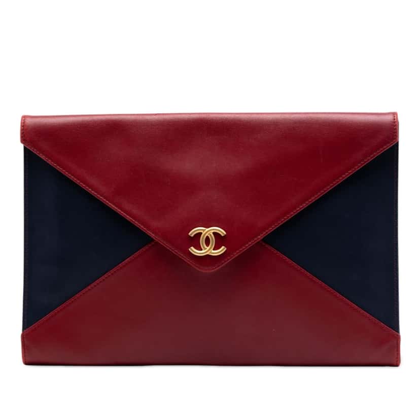 Chanel Large Bicolor Lambskin Envelope Clutch Red Leather Very good condition - Front View