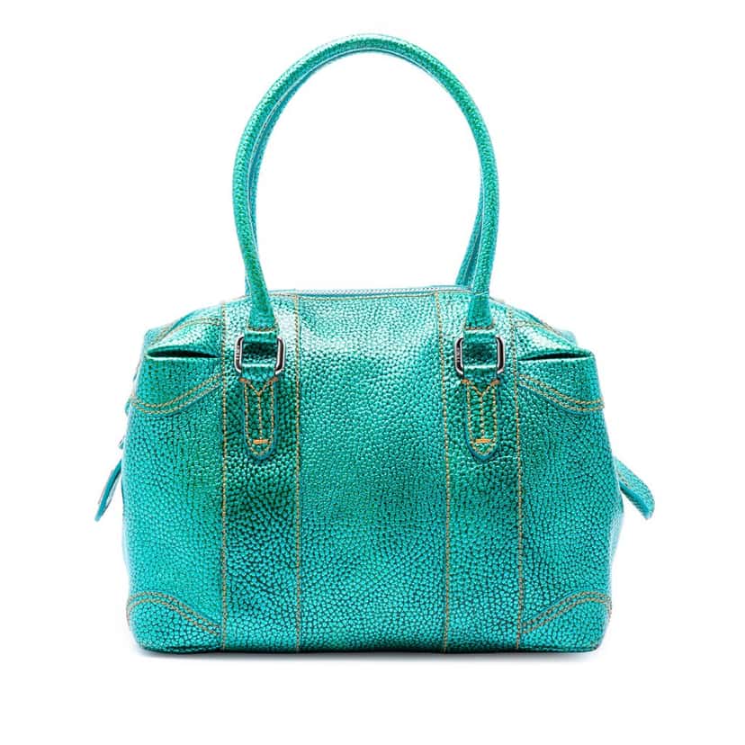 Fendi Metallic Pebbled Leather Mixed Media Boston Bag Green Leather Very good condition - Front View