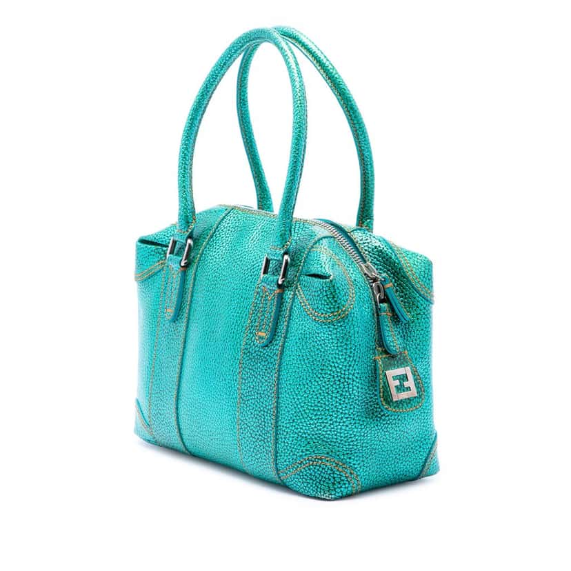 Fendi Metallic Pebbled Leather Mixed Media Boston Bag Green Leather Very good condition - Back View