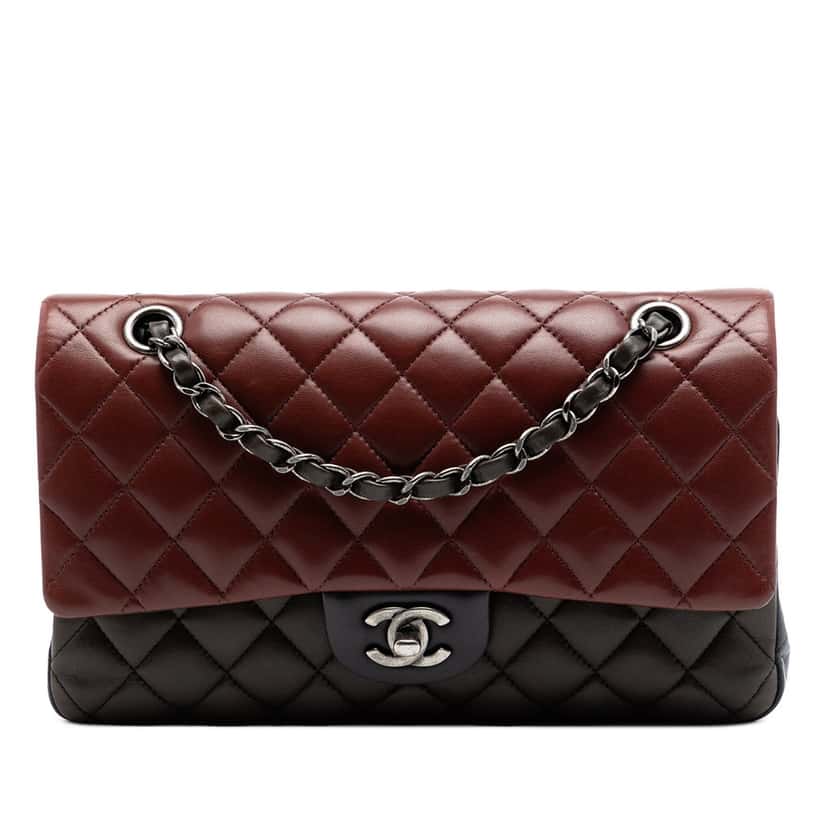 Chanel Medium Classic Tricolor Lambskin Double Flap Red Leather Very good condition - Front View