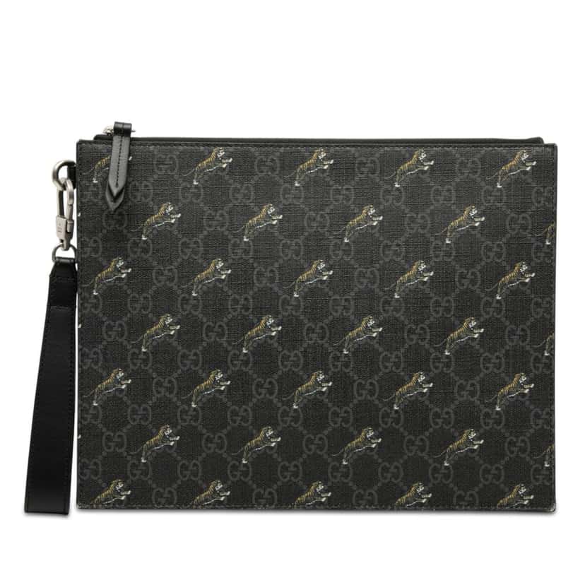 Gucci GG Supreme Tigers Zip Wristlet Pouch Black Very good condition - Front View