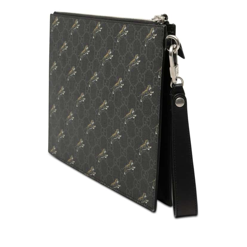 Gucci GG Supreme Tigers Zip Wristlet Pouch Black Very good condition - Back View