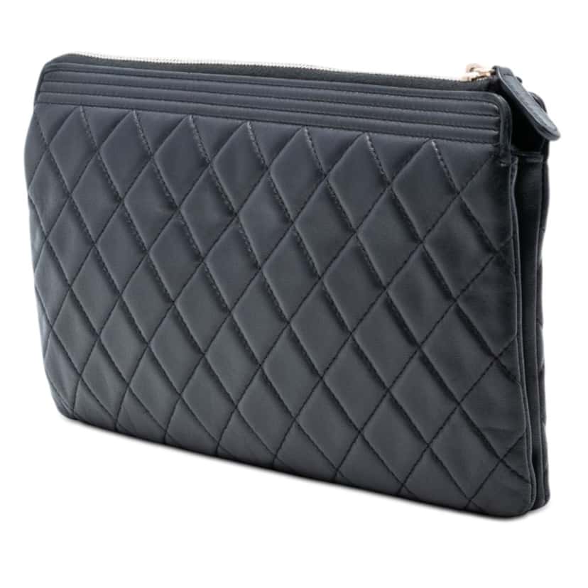 Chanel Quilted Lambskin Boy Zip Clutch Black Leather Very good condition - Back View