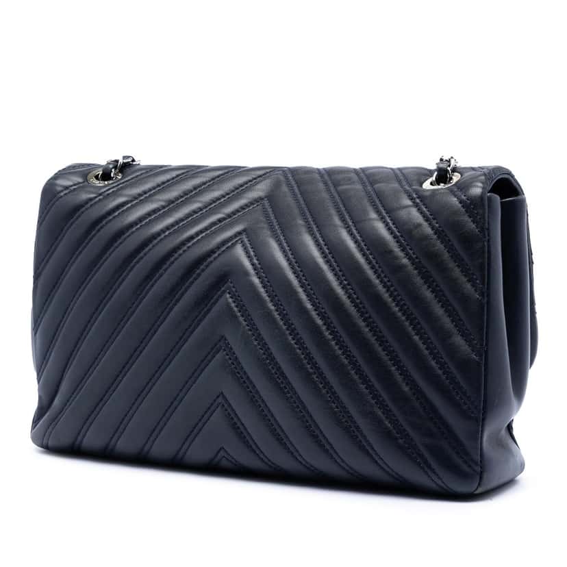 Chanel Jumbo Classic Chevron Lambskin Double Stitch Single Flap Blue Leather Very good condition - Back View