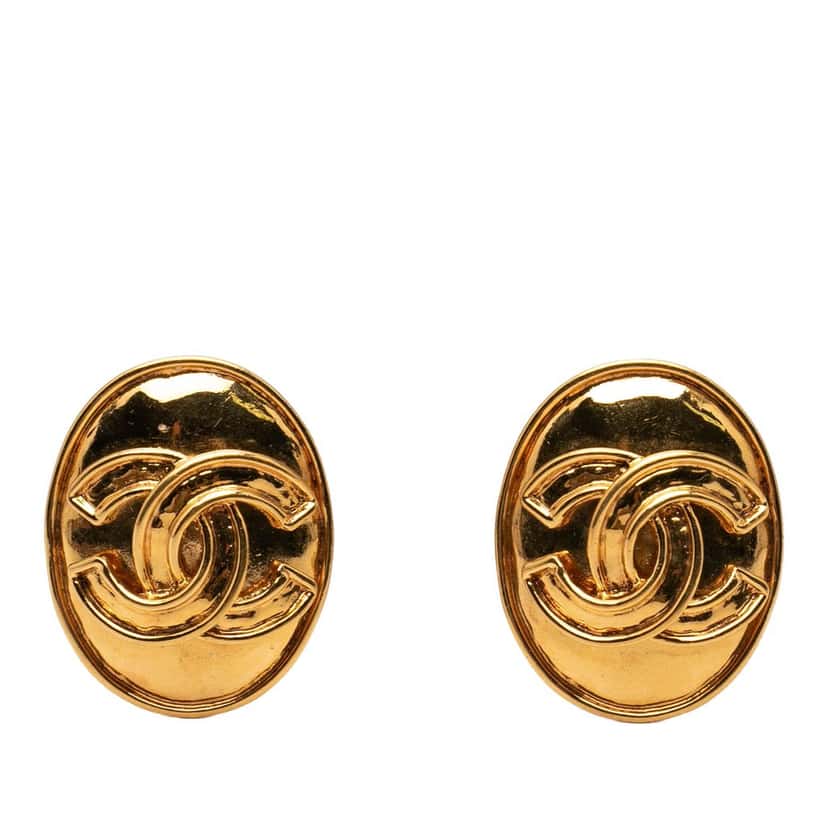 Chanel CC Gold Plated Oval Clip on Earrings Gold Metal Very good condition - Front View