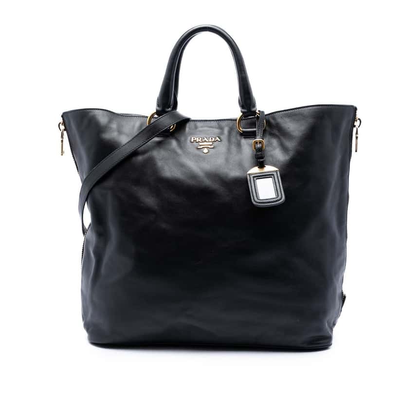 Prada Soft Calf Side Zip Open Convertible Tote Black Leather Very good condition - Front View