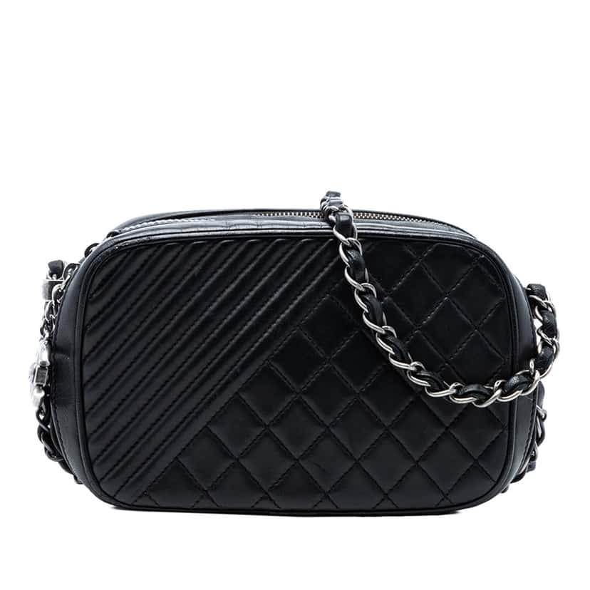 Chanel Mini Quilted Lambskin Coco Boy Camera Bag Black Leather Very good condition - Front View