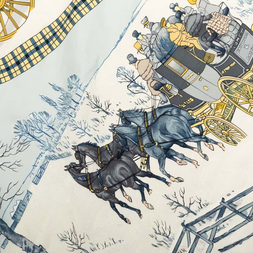 Hermès L Hiver en Poste Silk Scarf 90 Blue Very good condition - Inside View