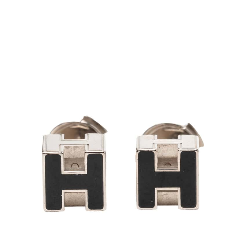 Hermès Palladium Plated Enamel Cage D H Push Back Earrings Silver Metal Very good condition - Front View