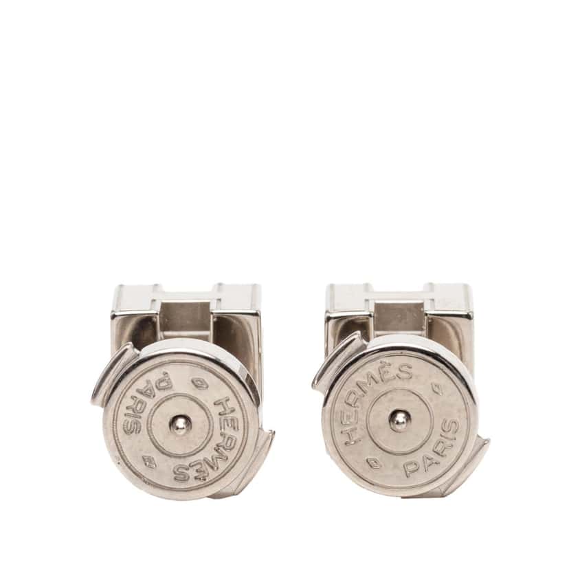 Hermès Palladium Plated Enamel Cage D H Push Back Earrings Silver Metal Very good condition - Back View