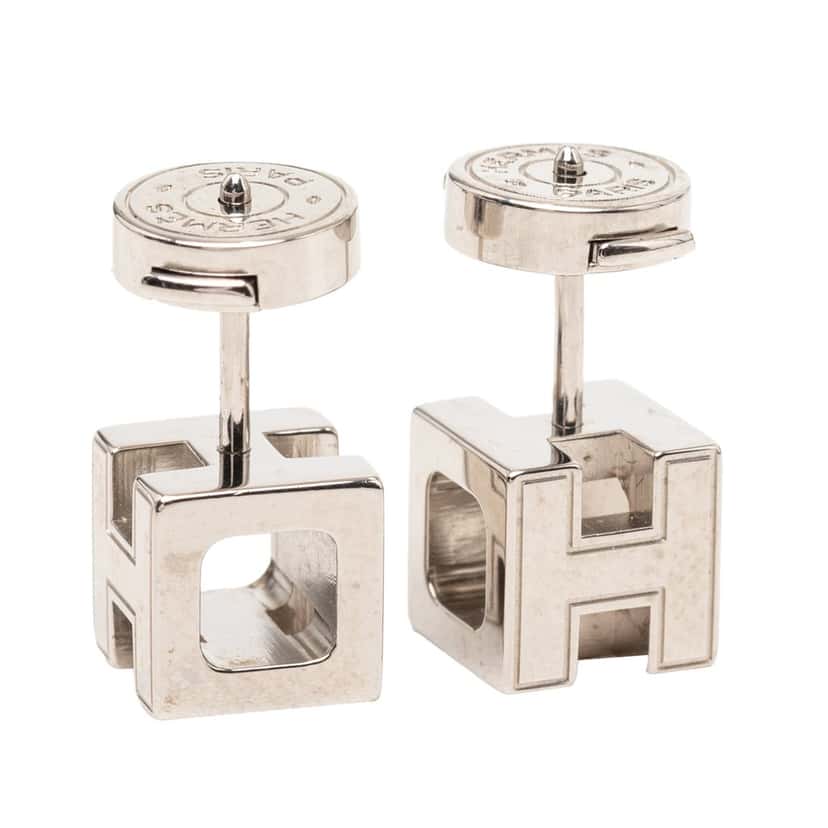 Hermès Palladium Plated Enamel Cage D H Push Back Earrings Silver Metal Very good condition - Inside View