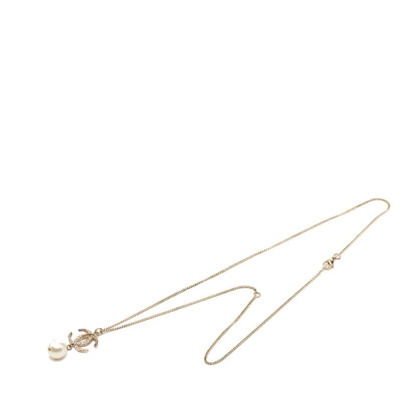 Chanel CC Gold Plated Strass Faux Pearl Drop Pendant Necklace Gold Metal Very good condition - Box View