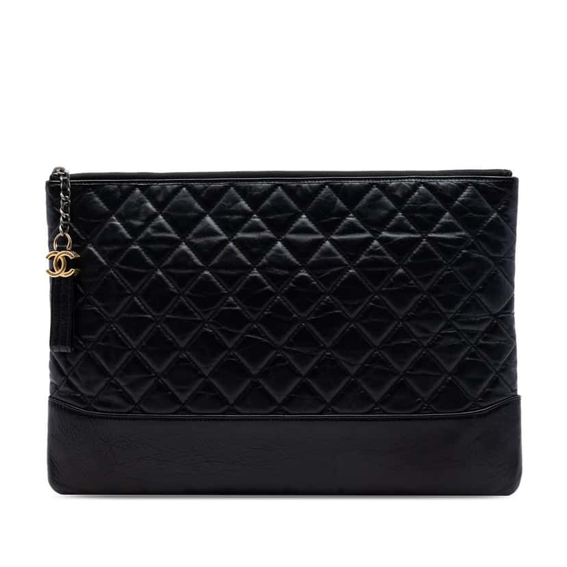 Chanel Large Aged Calfskin Gabrielle O Case Clutch Black Leather Very good condition - Front View