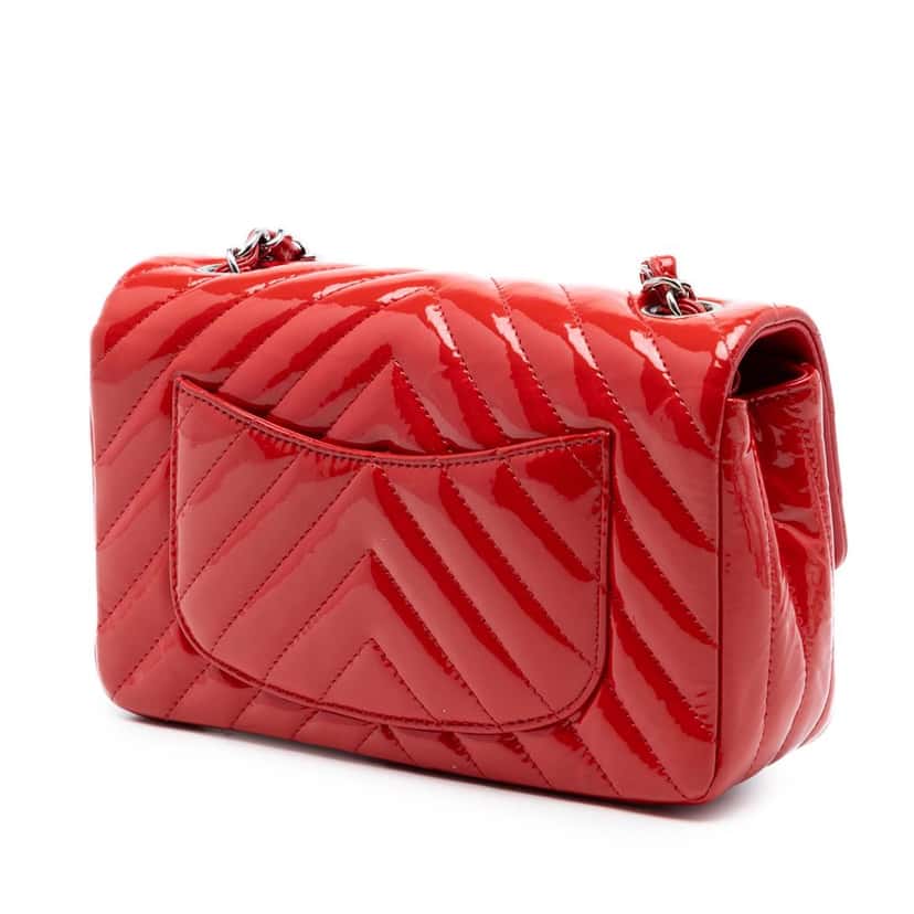 Chanel Mini Rectangular Classic Chevron Patent Single Flap Red Leather Very good condition - Back View