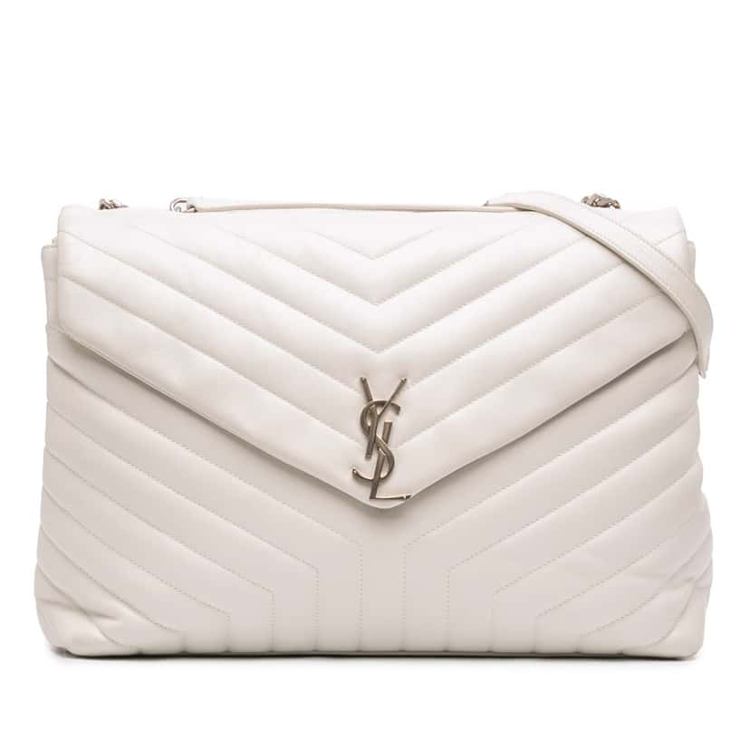 Saint Laurent Large Matelasse Calfskin Monogram LouLou Shoulder Bag White Leather Very good condition - Front View