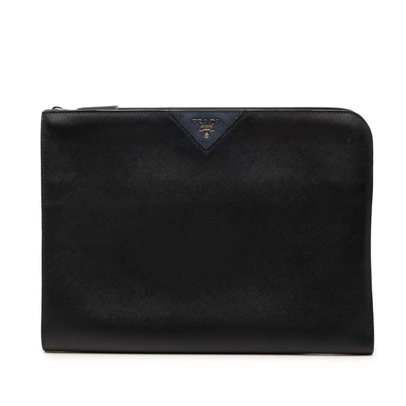 Prada Saffiano Zip Around Portfolio Black Leather Very good condition - Front View