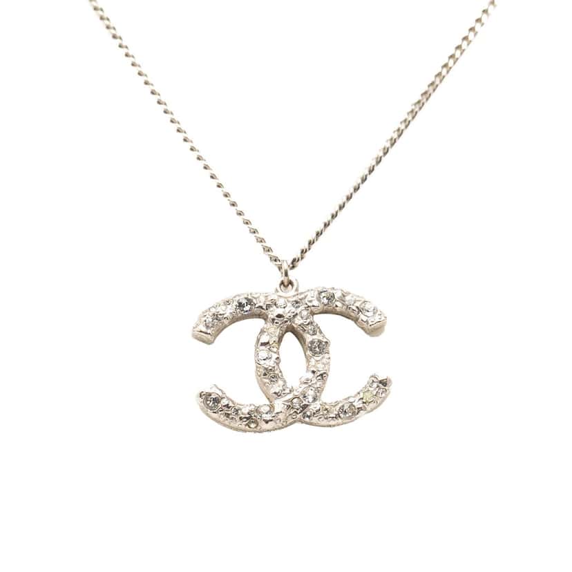 Chanel Silver Plated CC Rhinestone Pendant Necklace Silver Metal Never worn, with tag - Front View