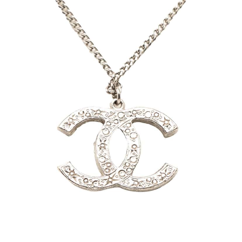 Chanel Silver Plated CC Rhinestone Pendant Necklace Silver Metal Never worn, with tag - Back View