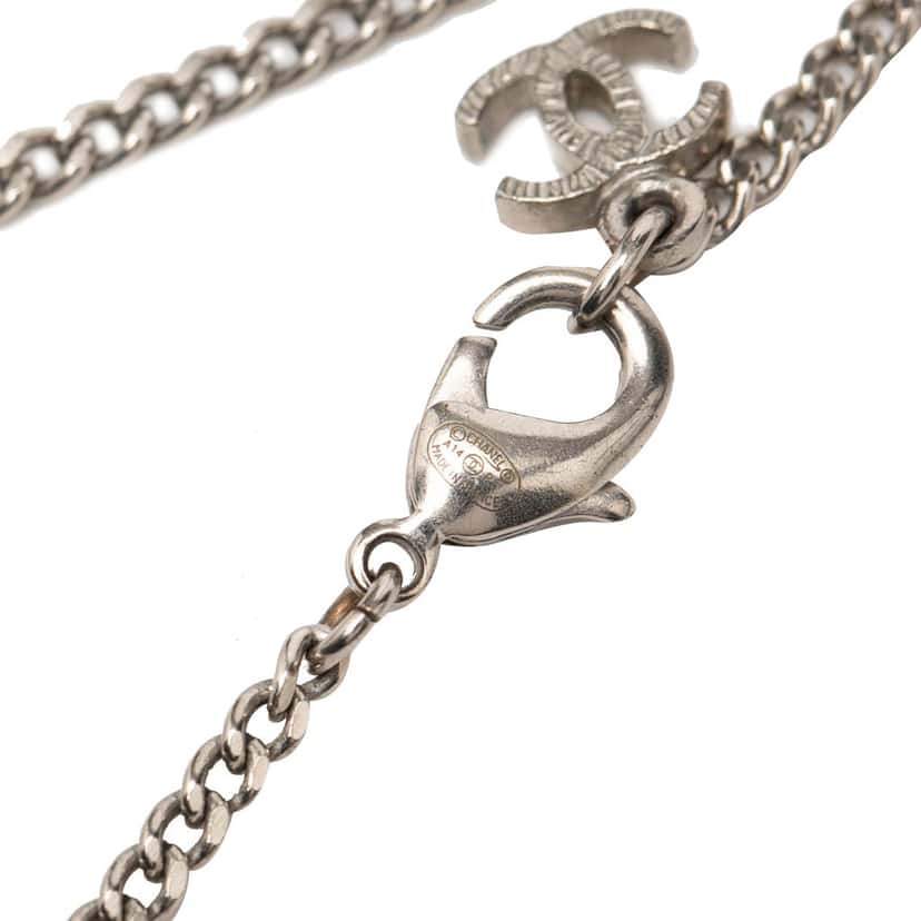 Chanel Silver Plated CC Rhinestone Pendant Necklace Silver Metal Never worn, with tag - Model View