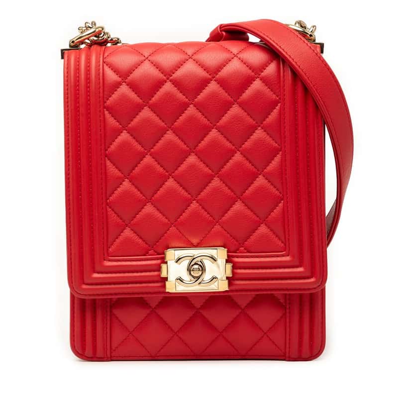 Chanel Quilted Lambskin North South Boy Flap Red Leather Very good condition - Front View
