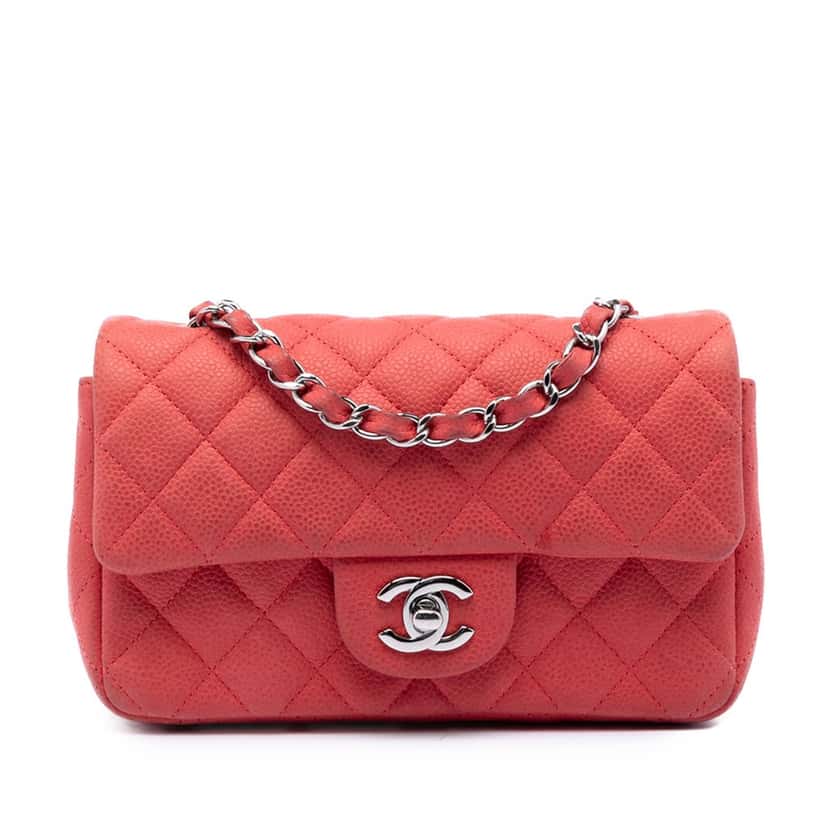 Chanel Mini Rectangular Classic Caviar Single Flap Red Leather Very good condition - Front View