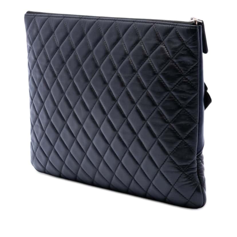 Chanel Large Quilted Lambskin Camellia O Case Clutch Black Leather Very good condition - Back View