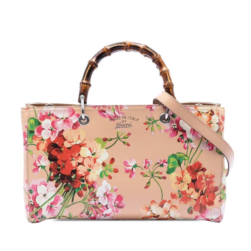 Gucci Medium Calfskin Blooms Bamboo Shopper Satchel Pink Leather Very good condition - Front View