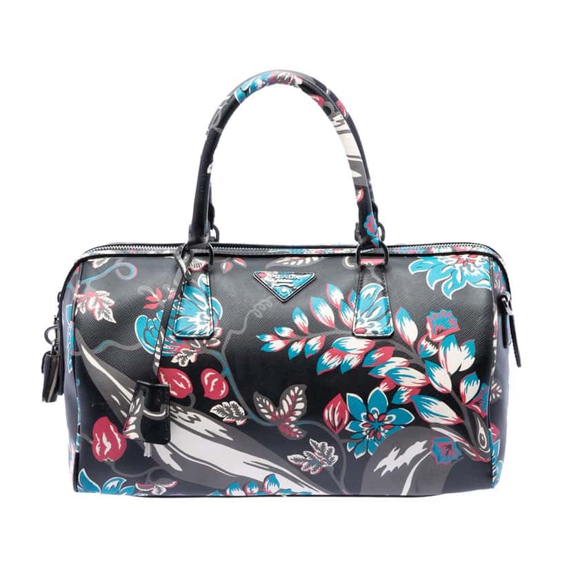 Prada Saffiano Lux Floral Print Boston Bag Black Leather Very good condition - Front View