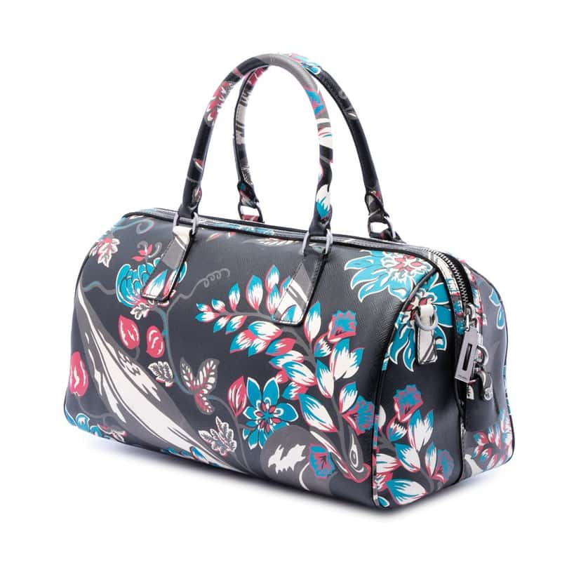 Prada Saffiano Lux Floral Print Boston Bag Black Leather Very good condition - Back View