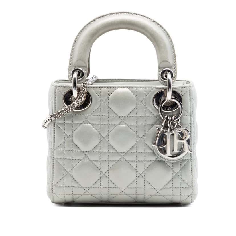 Dior Mini Iridescent Lambskin Cannage Lady Dior Silver Leather Very good condition - Front View