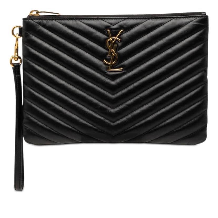 Saint Laurent Chevron Leather Monogram Zip A5 Wristlet Pouch Black Leather Very good condition - Front View