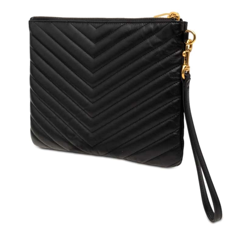 Saint Laurent Chevron Leather Monogram Zip A5 Wristlet Pouch Black Leather Very good condition - Back View