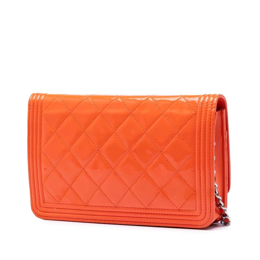 Chanel Quilted Patent Boy Wallet on Chain Orange Leather Very good condition - Back View
