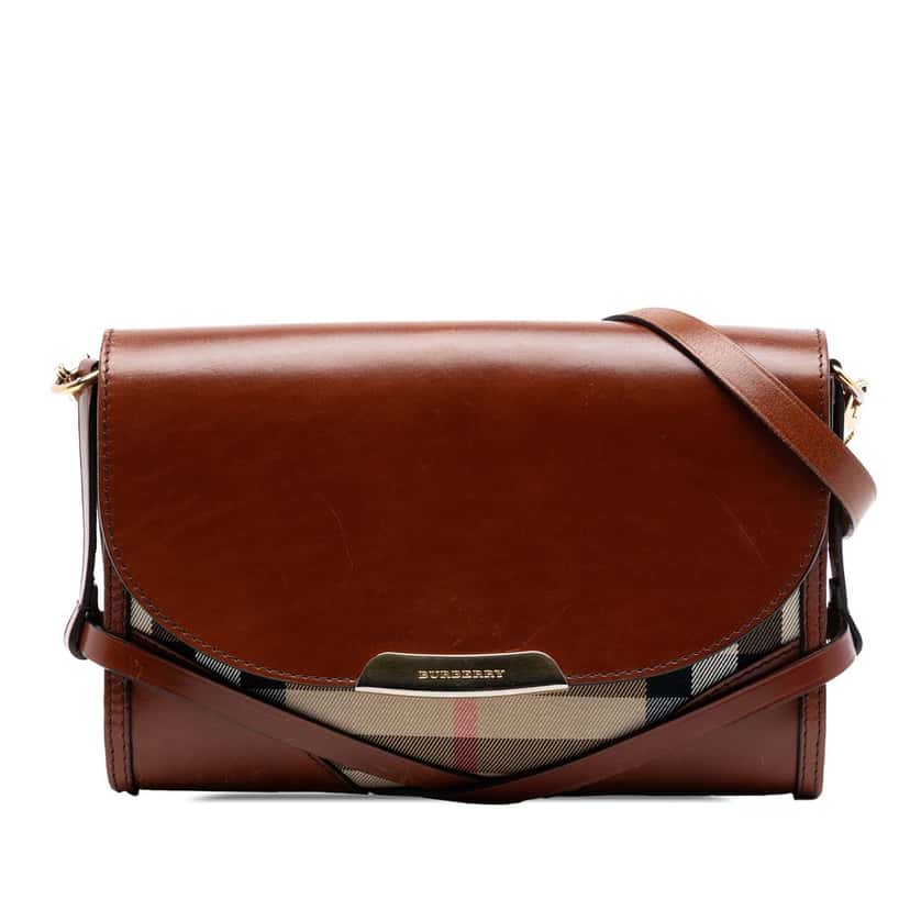 Burberry Leather and House Check Canvas Bridle Abbott Crossbody Brown Leather Very good condition - Front View