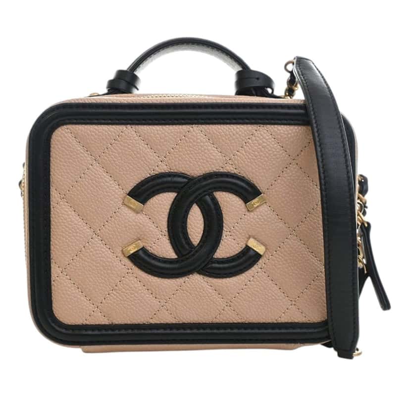 Chanel Small Caviar CC Filigree Vanity Case Beige Leather Very good condition - Front View