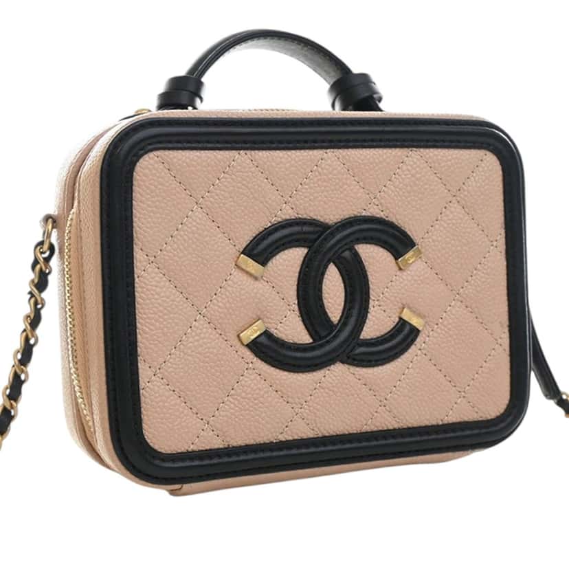 Chanel Small Caviar CC Filigree Vanity Case Beige Leather Very good condition - Back View