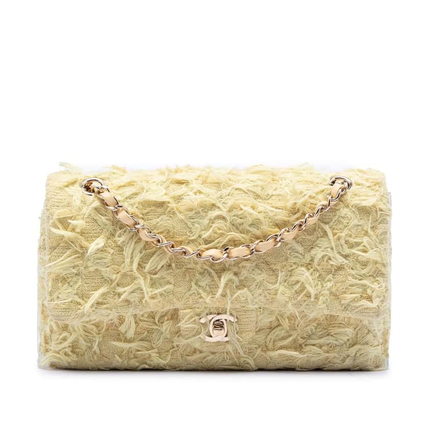 Chanel Medium Classic Fringed Tweed Double Flap Yellow Very good condition - Front View