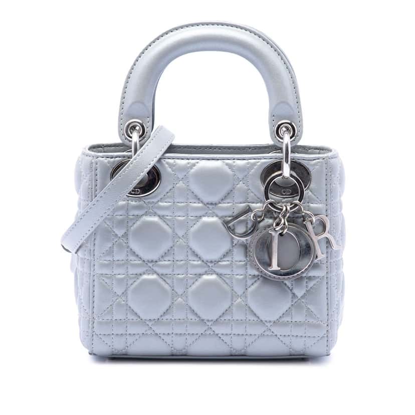 Dior Mini Iridescent Lambskin Cannage Lady Dior Silver Leather Very good condition - Front View