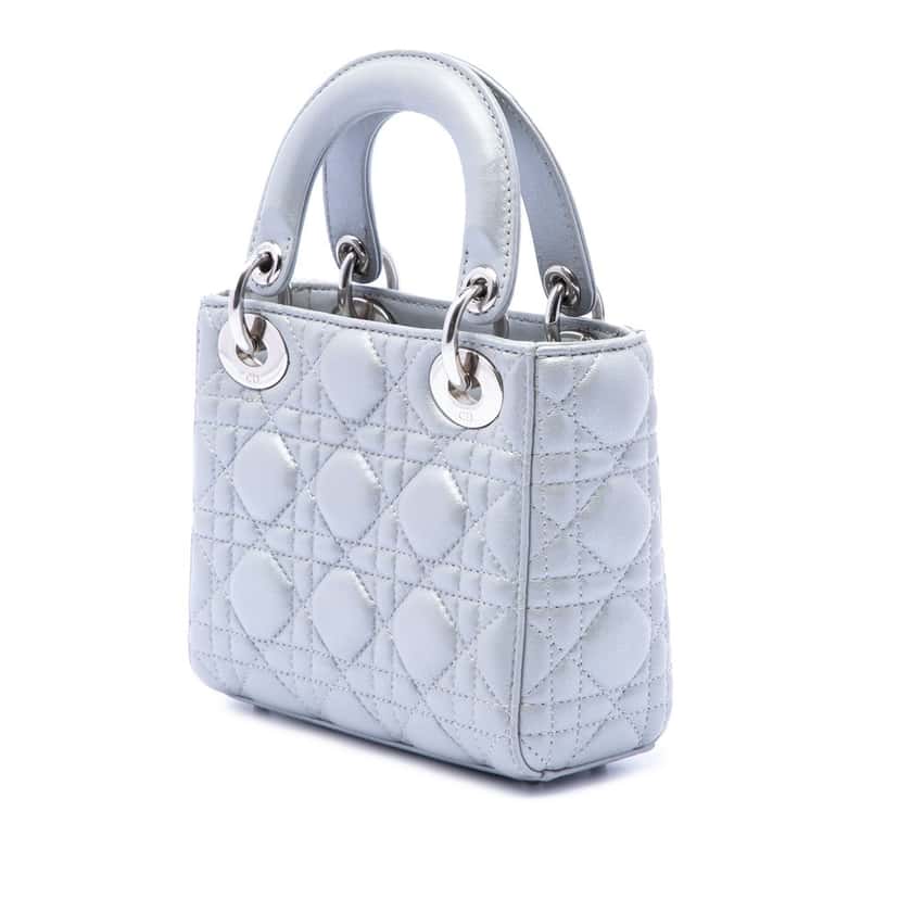 Dior Mini Iridescent Lambskin Cannage Lady Dior Silver Leather Very good condition - Back View