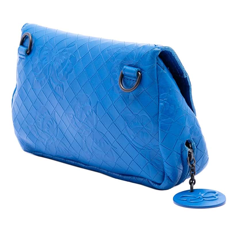 Bottega Veneta Small Calfskin Intrecciomirage Embossed Butterfly Chain Crossbody Blue Leather Very good condition - Back View