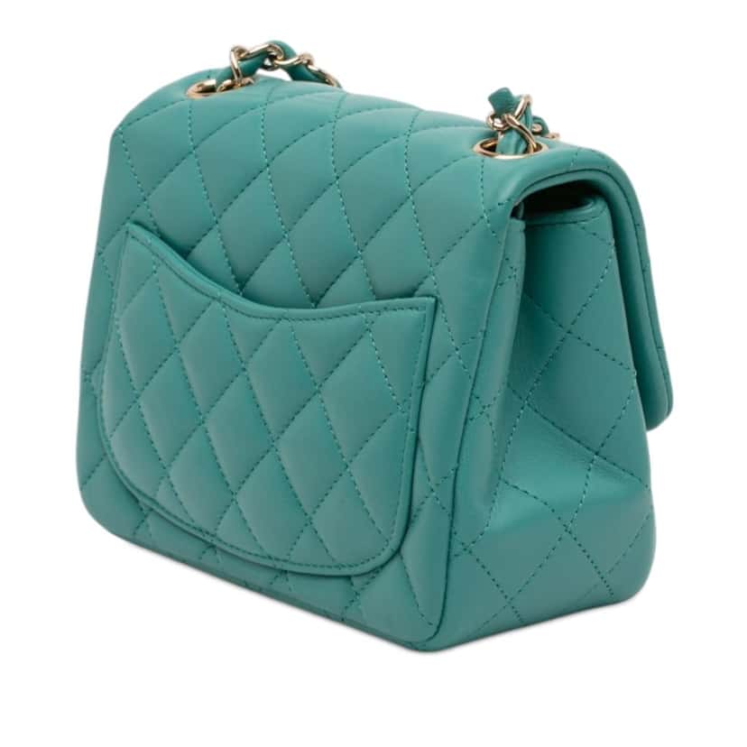 Chanel Mini Square Classic Lambskin Single Flap Green Leather Never worn - Back View