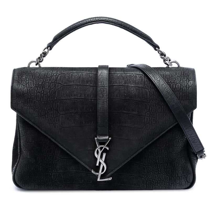 Saint Laurent Large Croc Embossed Nubuck Monogram College Satchel Black Leather Very good condition - Front View